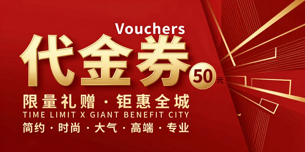 高端商务代金券促销海报，金色立体字与几何线条彰显现代感