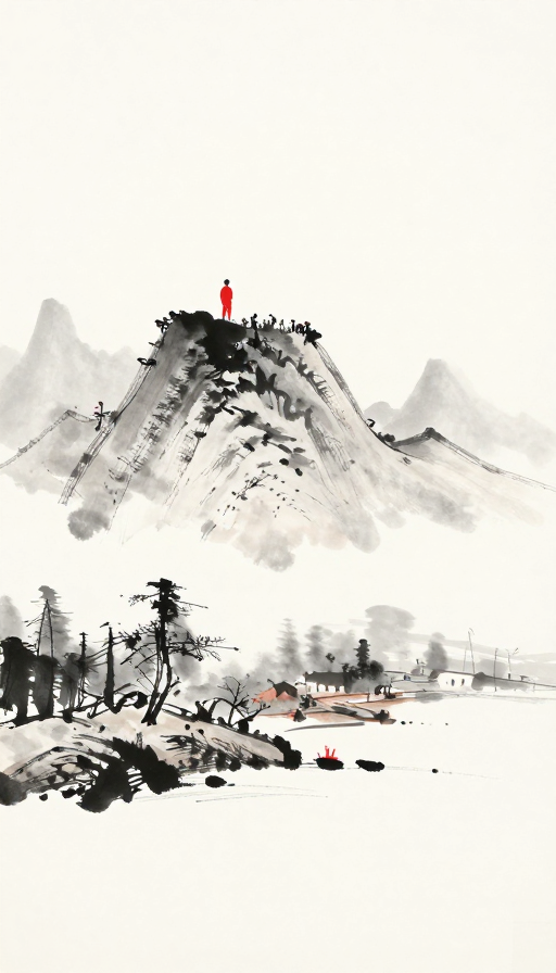 飞笔绘山水人物，红黑白调大片留白