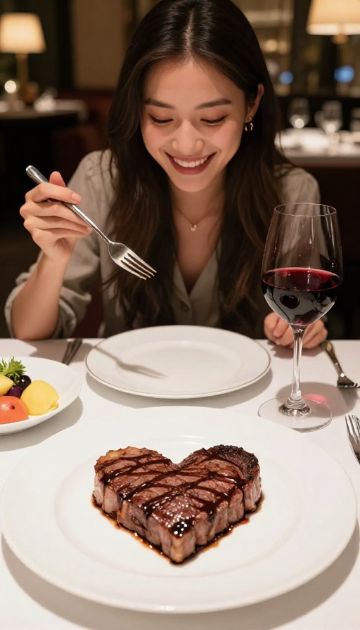 温馨浪漫晚餐:爱心牛排与美酒邂逅真实人像摄影