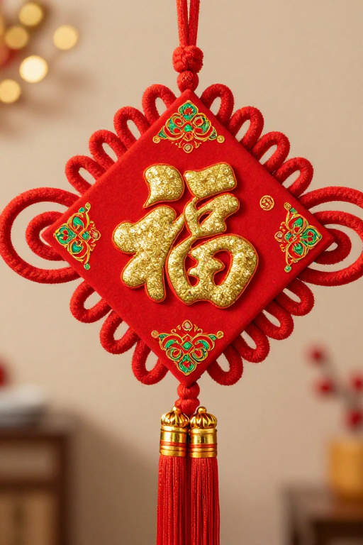 红金暖调福字挂饰特写：节日装饰高清摄影