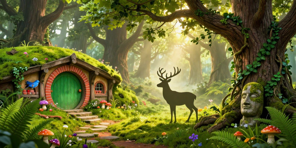 幽深奇幻森林秘境:霍比特小屋与雄鹿剪影的童话之境