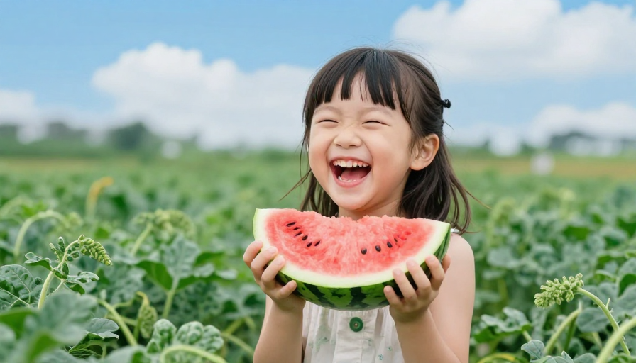 夏日童真:小女孩抱西瓜的欢笑高清摄影