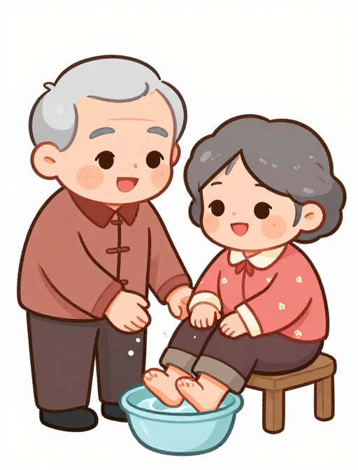 爷爷为奶奶洗脚：温馨亲情卡通Q版插画