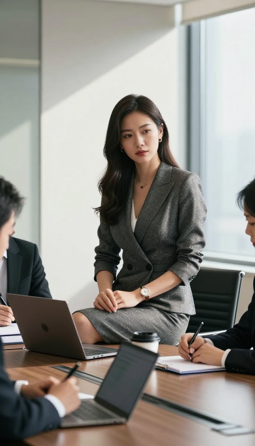 精致职场女性于现代会议室专注开会，光影凸显优雅气质