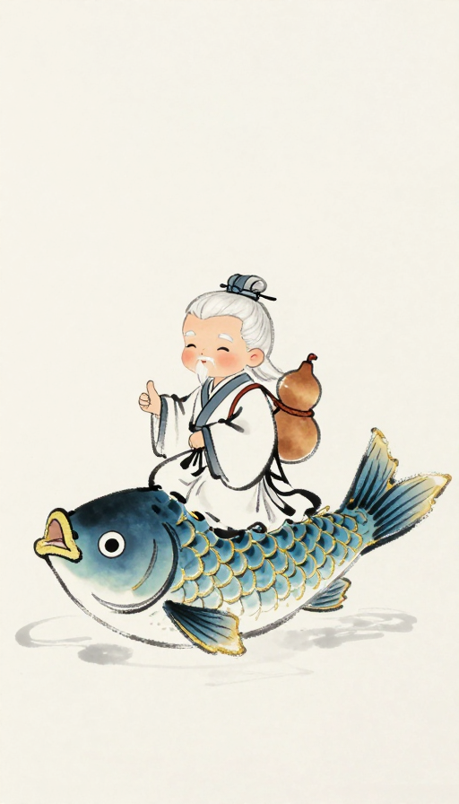 水墨微缩老人骑金鳞巨鱼，大写意留白意境