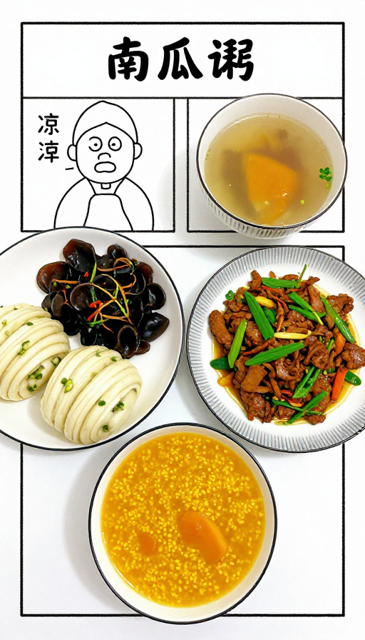 温馨手绘晚餐：南瓜粥与家常美味