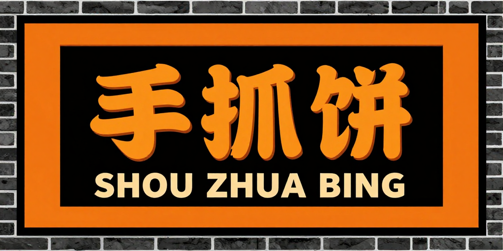 复古卡通风橙黑手抓饼招牌设计图
