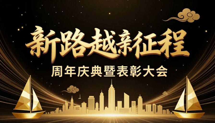 金色立体书法庆典海报：周年表彰与新征程
