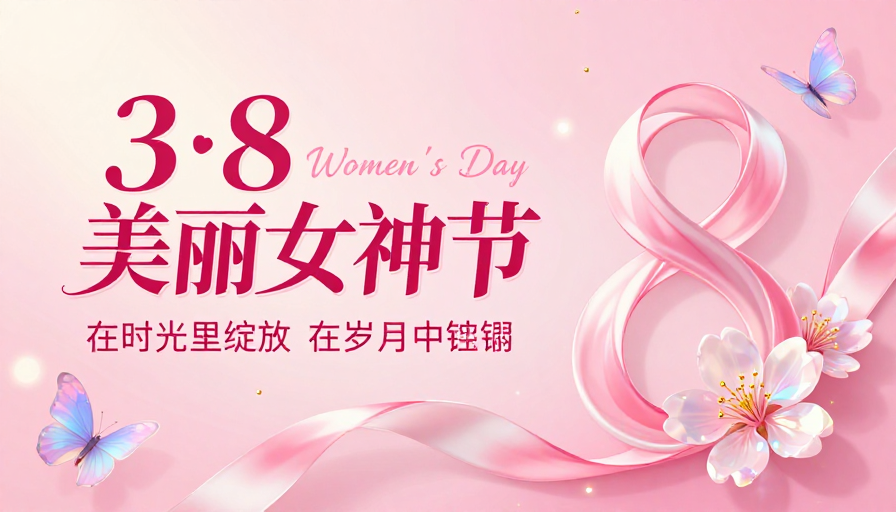 3·8女神节梦幻海报:粉红流光闪耀时光绽放