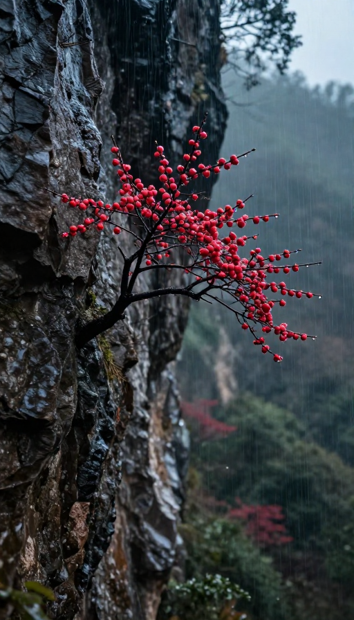 雨中山崖古梅:水墨意境高清实拍