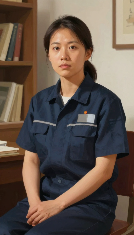 严肃女工人在书房专注工作，厚涂风格插画