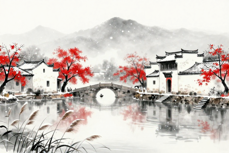 水墨江南雪韵：古建红枫的静谧画卷