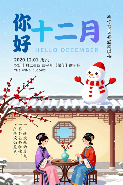 冬日温馨插画海报：你好十二月温情问候