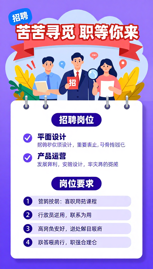 紫色扁平插画招聘海报:职等你来