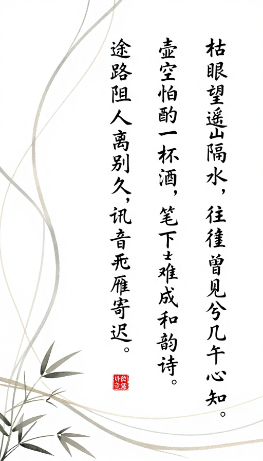 简约抽象旅程诗韵：水墨行书与竹叶交织的艺术