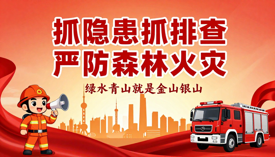 红色主题森林防火宣传海报：抓隐患严防火灾