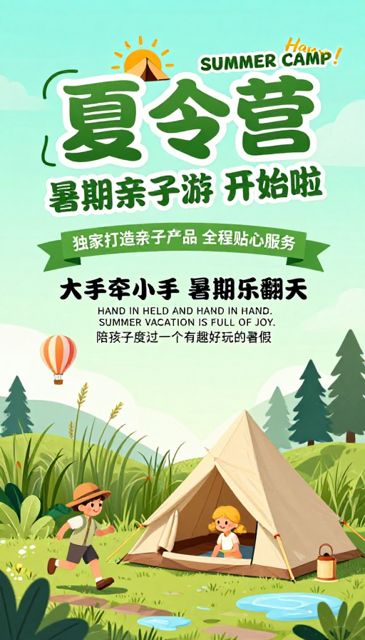 清新自然夏日亲子露营主题海报