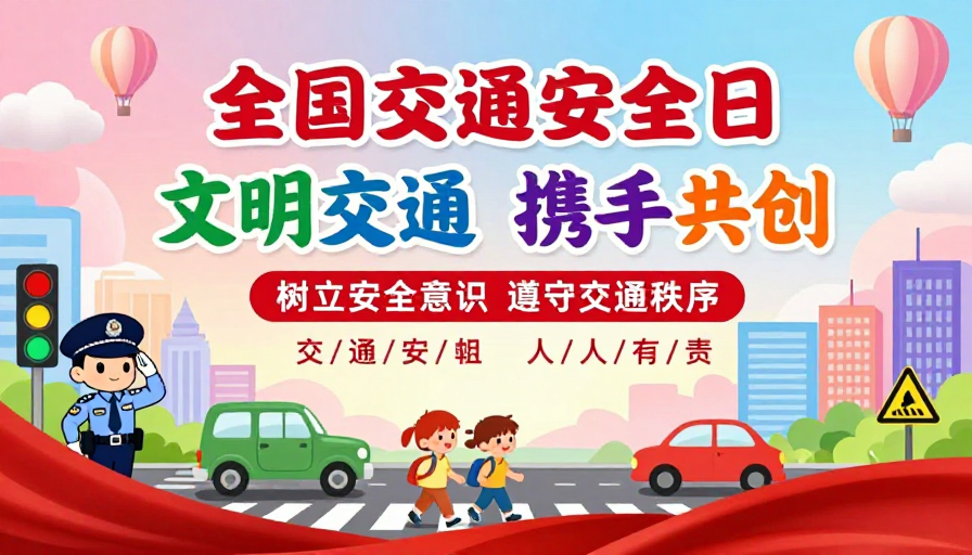 全国交通安全日卡通海报：文明出行共创安全