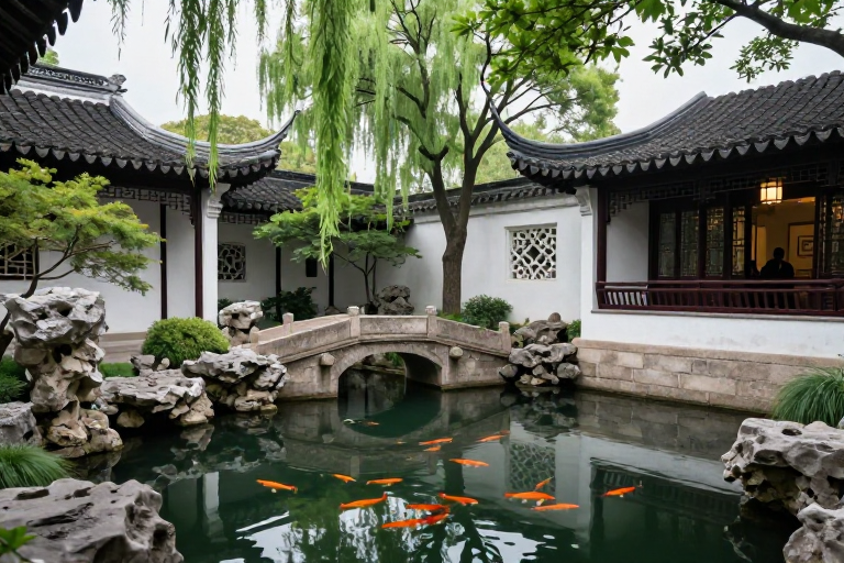 江南古韵:庭院静景与锦鲤的诗意交响