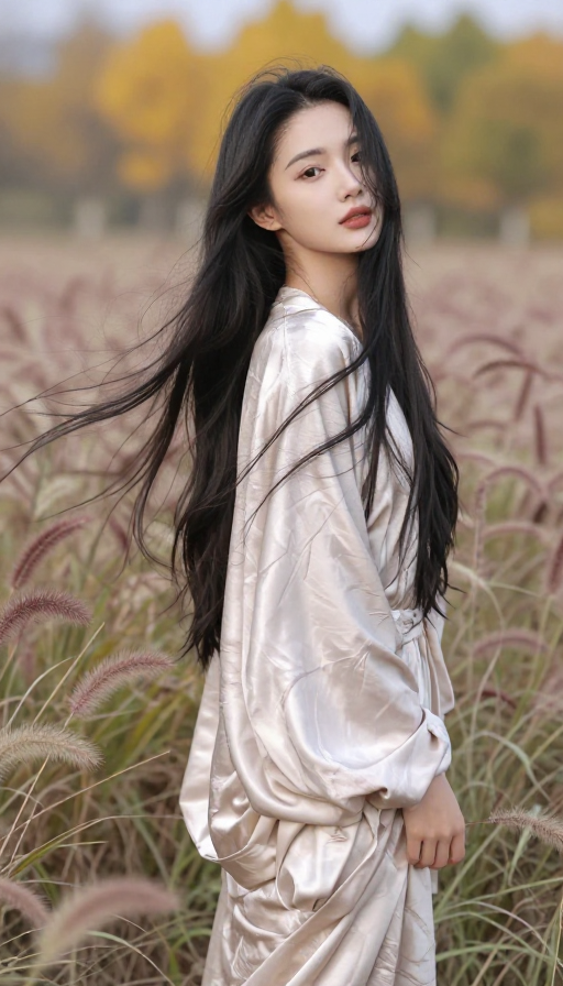秋日自然中的丝绸美人全景写真
