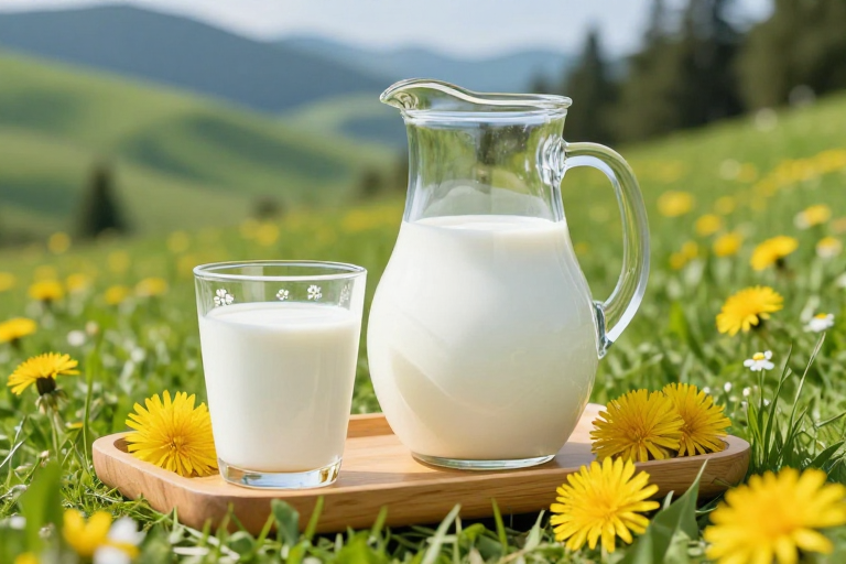 清新自然乳业风光:阳光下的纯净牛奶与田园静物