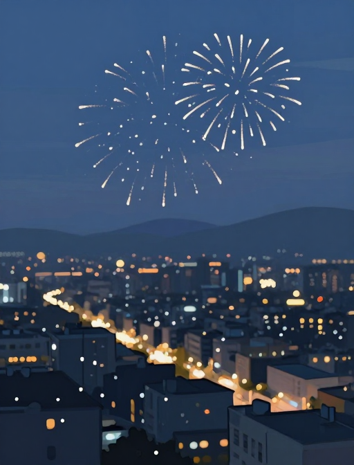 清冷烟火：极简风城市夜景厚涂插画
