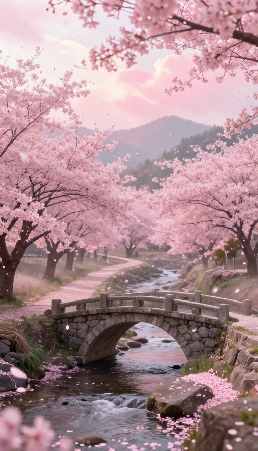 梦幻粉红樱花古桥唯美风景