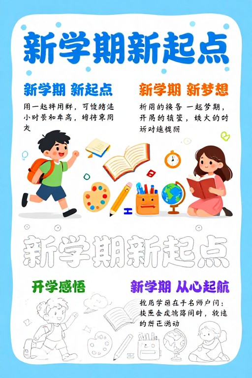 童趣手绘开学海报：新学期新起点