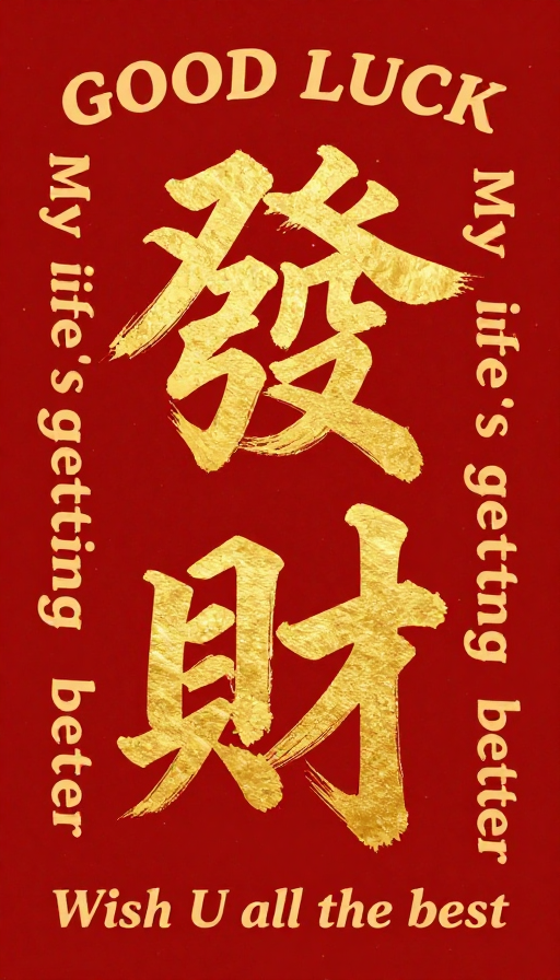 金色“發財”书法艺术:中国风与英文祝福的创意融合