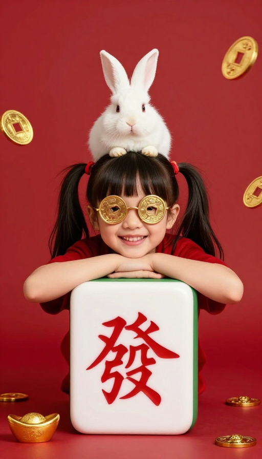 金兔抱福发麻将:喜庆招财插画
