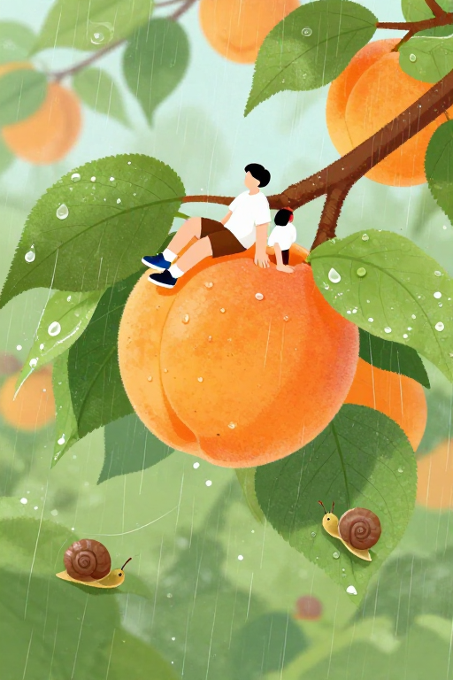 雨后杏树间的人物静物插画