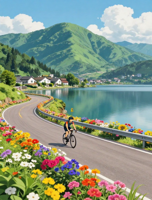 宫崎骏风骑行:花海公路与青山湖泊的梦幻之旅