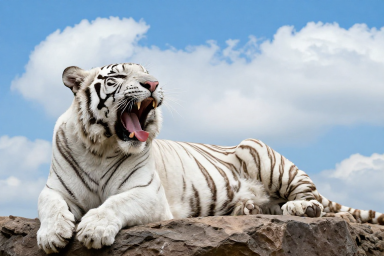 白虎侧卧哈欠特写,自然光下野生之美