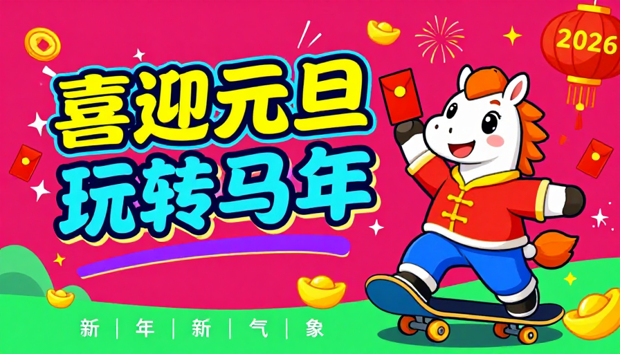 元旦马年喜庆海报:色彩鲜明卡通跃动