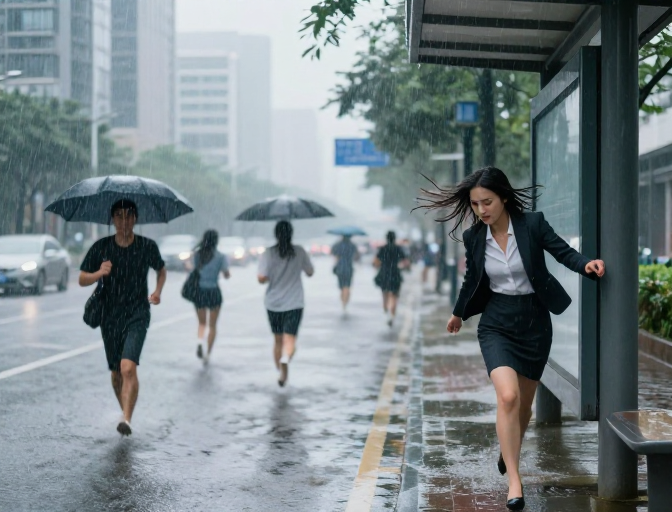 深圳暴雨突袭：街头奔跑与公交站的避风港