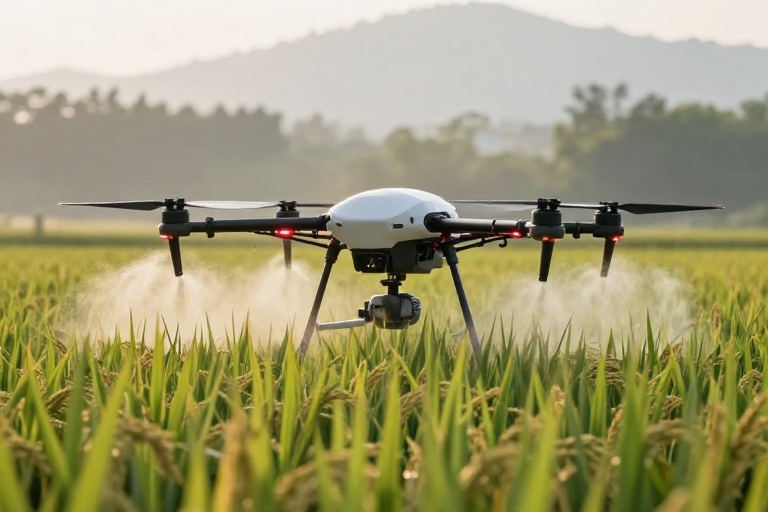 清晨稻田：植保无人机精准喷洒作业