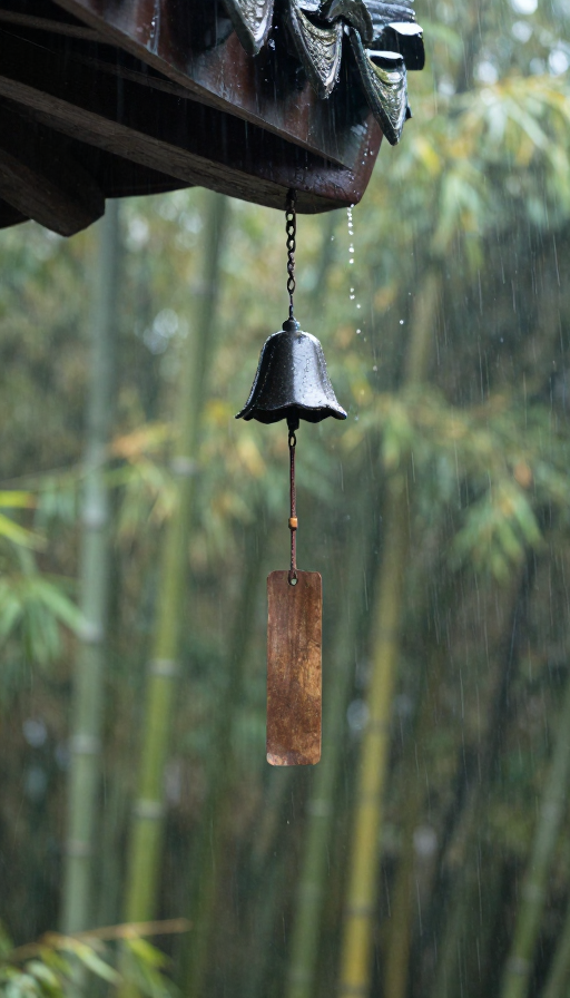 雨中屋檐风铃:超清竹林静谧风景