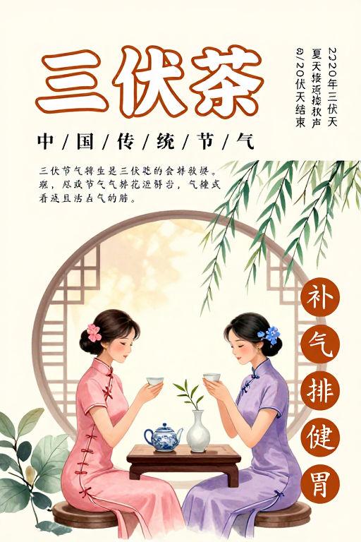中国风三伏茶手绘海报:传统节气与柔美氛围融合
