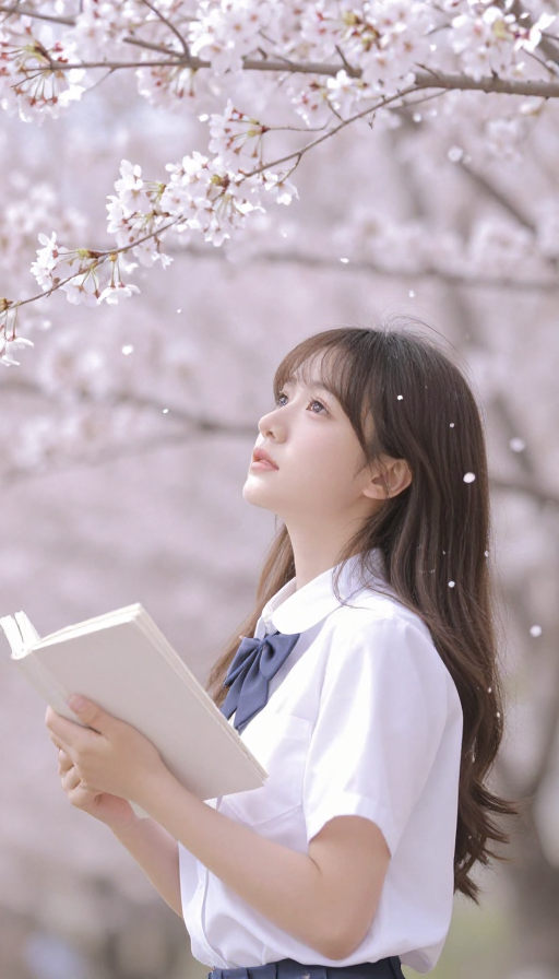 樱花满树少女读书的春日浪漫瞬间