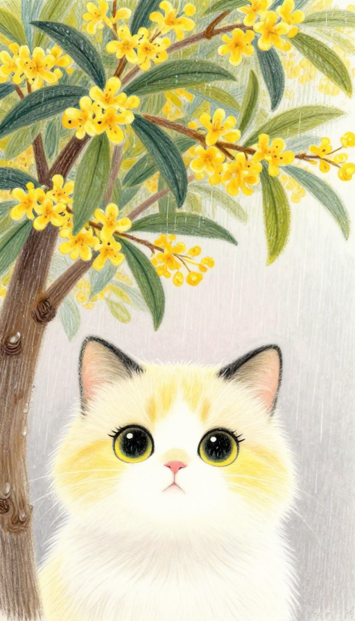 雨日金桂下探身的萌猫蜡笔插画