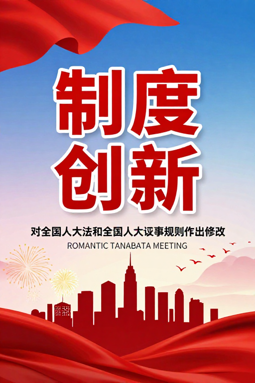 制度创新政策宣导海报:庄严奋进的红色绸带与城市剪影