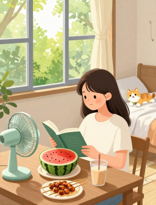 午后悠闲时光:女孩与宠物共度的惬意插画