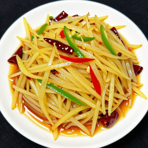 金黄酸辣土豆丝：传统中式美食俯拍特写