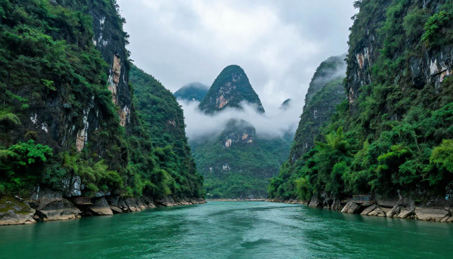 漓江峡谷:静谧山峦与碧绿江水的自然画卷
