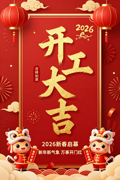 2026新年开工海报：红金中国风喜庆插画