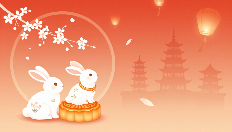 新中式中秋插画：玉兔月饼与古塔的节日意境