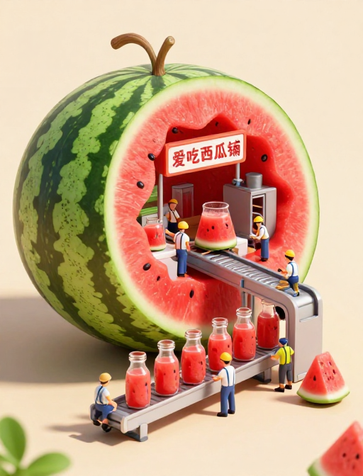 微缩西瓜厂：超细节3D卡通果汁生产线