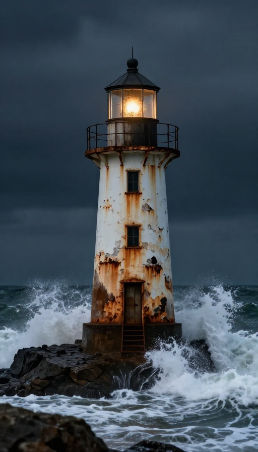 锈蚀灯塔守望孤寂海域