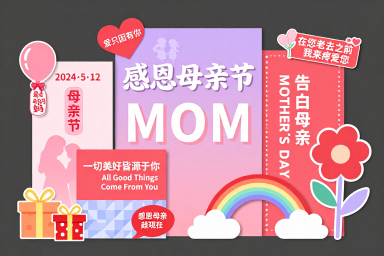 母亲节立体展板:粉紫渐变温馨感恩设计