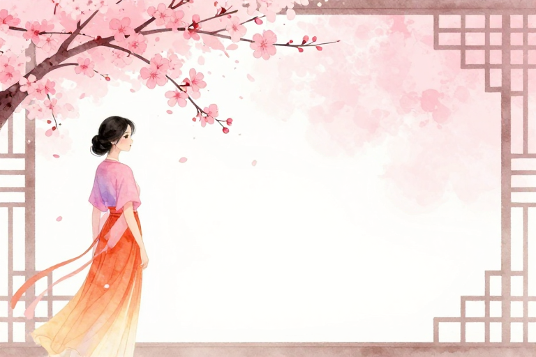 东方意境：柔美水彩樱花少女回眸图